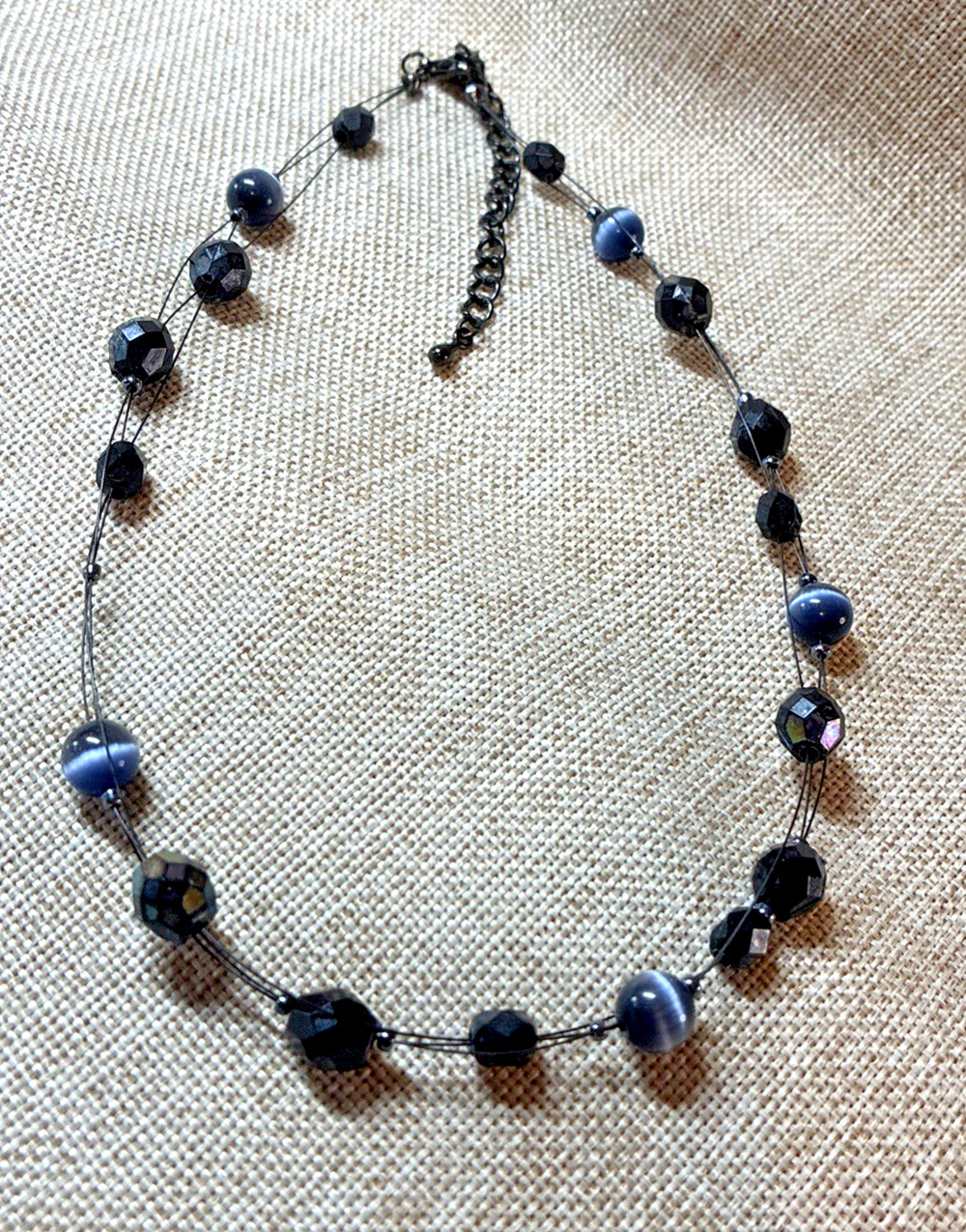 Lovely Black & Cat’s Eye Glass Gray Faceted & Smooth Beaded Necklace 15-18.6” YS